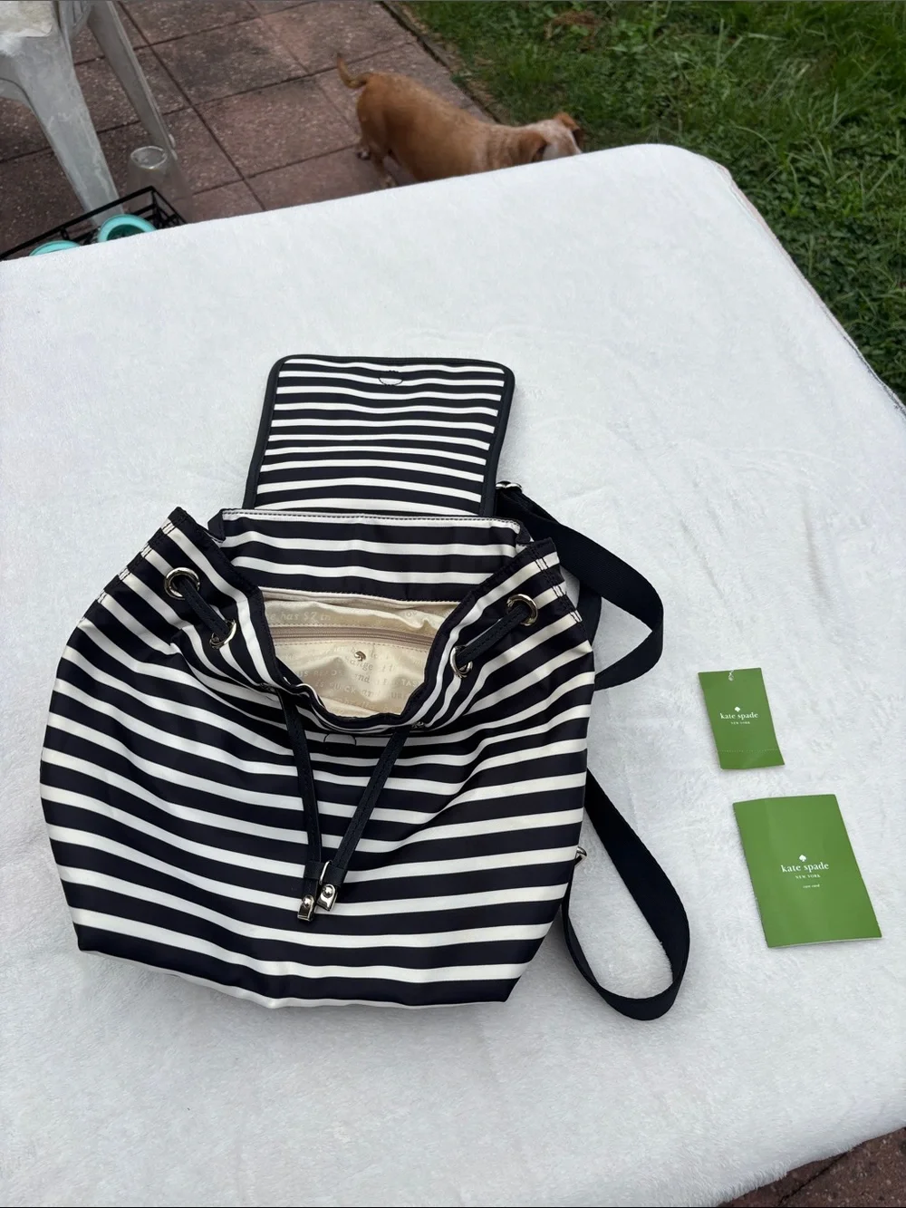 kate spade Black and White Striped Nylon Drawstring Backpack